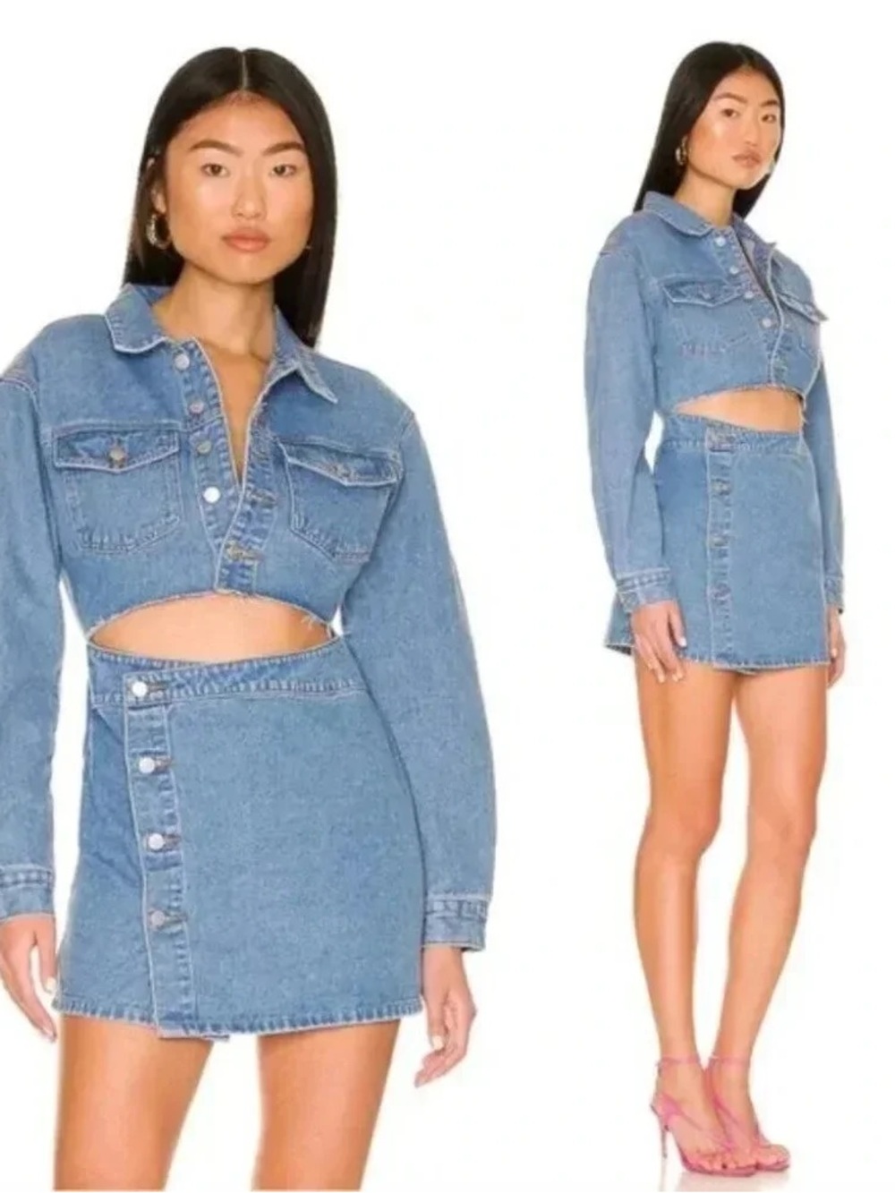superdown Mika Button Front Denim Cutout Dress in Mid Wash Blue Size Small Used